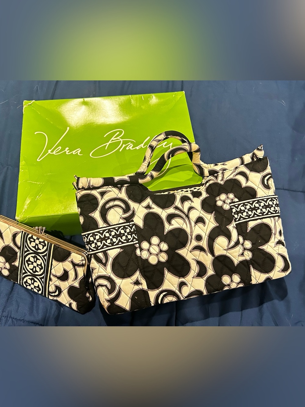 Vera Bradley Black & Cream Floral Quilted Tote with Wristlet